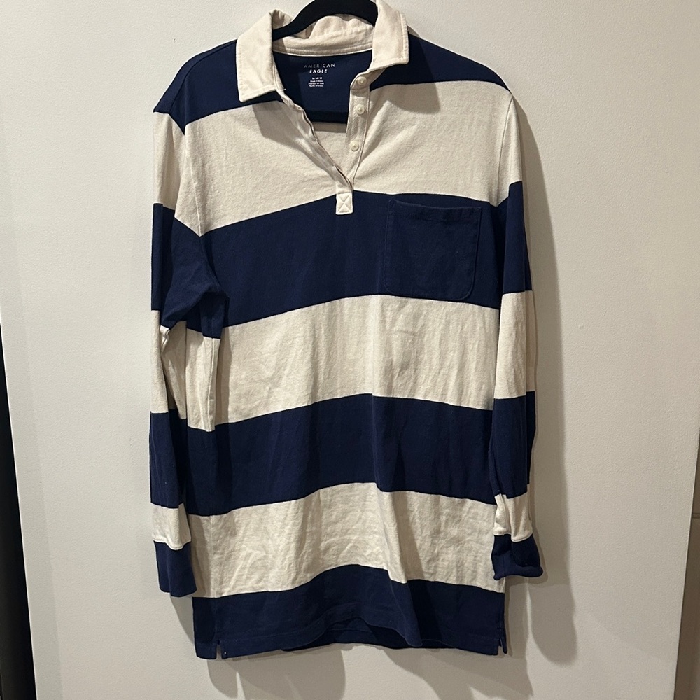 American Eagle Outfitters Blue and Cream Striped Long Sleeve Polo Shirt- Classic